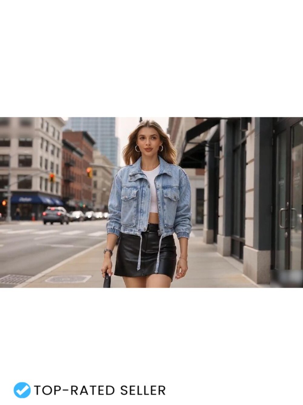 Women's Cropped Denim Jacket Zip Front Lightweight Casual - Picture 6 of 6